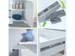 Aparador Linio V1, Mueble con 2 puertas y 4 cajones, blanco mate / gris arena de alto brillo (138,5 x 75,5 x 35 cm)