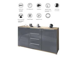 Aparador Linio V1, Mueble con 2 puertas y 4 cajones, Roble Evoke / grafito satinado (138,5 x 75,5 x 35 cm)