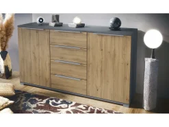 Aparador Linio V1, Mueble con 2 puertas y 4 cajones, antracita mate / Roble Evoke (138,5 x 75,5 x 35 cm)