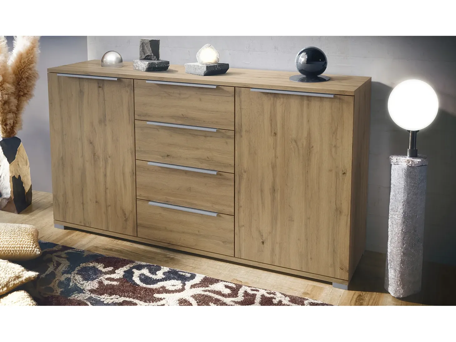 Aparador Linio V1, Mueble con 2 puertas y 4 cajones, Roble Evoke / Roble Evoke (138,5 x 75,5 x 35 cm)