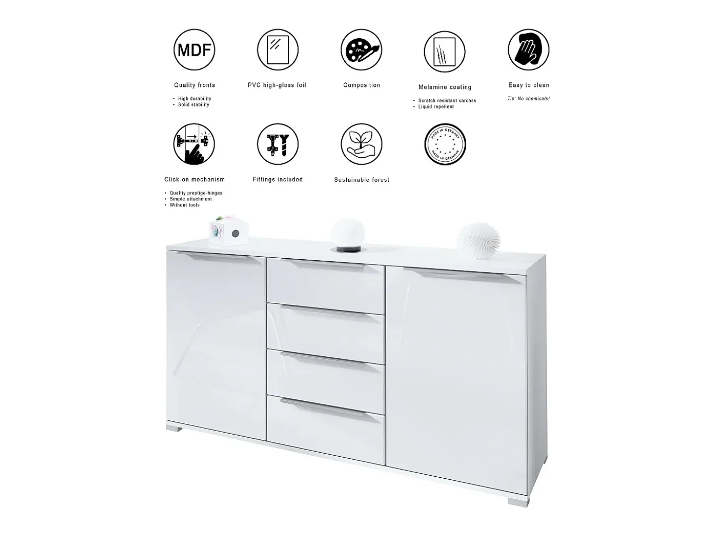 Aparador Linio V1, Mueble con 2 puertas y 4 cajones, blanco mate / negro mate (138,5 x 75,5 x 35 cm)