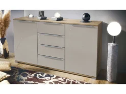 Aparador Linio V1, Mueble con 2 puertas y 4 cajones, Roble Evoke / gris arena de alto brillo (138,5 x 75,5 x 35 cm)