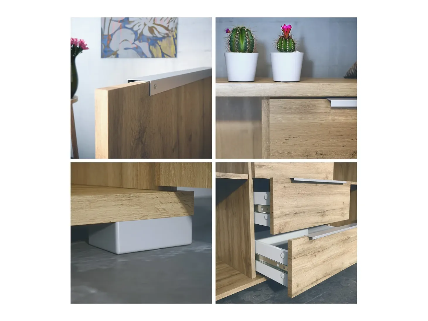 Aparador Linio V1, Mueble con 2 puertas y 4 cajones, Roble Evoke / blanco mate (138,5 x 75,5 x 35 cm)