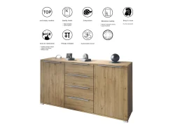 Aparador Linio V1, Mueble con 2 puertas y 4 cajones, Roble Evoke / blanco mate (138,5 x 75,5 x 35 cm)
