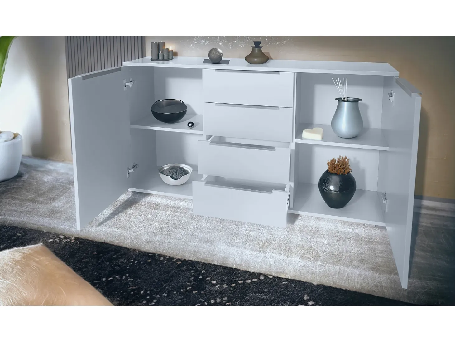 Aparador Linio V1, Mueble con 2 puertas y 4 cajones, blanco mate / blanco de alto brillo (138,5 x 75,5 x 35 cm)