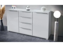 Aparador Linio V1, Mueble con 2 puertas y 4 cajones, blanco mate / blanco de alto brillo (138,5 x 75,5 x 35 cm)