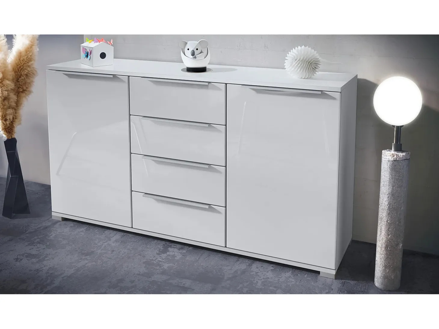 Aparador Linio V1, Mueble con 2 puertas y 4 cajones, blanco mate / blanco de alto brillo (138,5 x 75,5 x 35 cm)