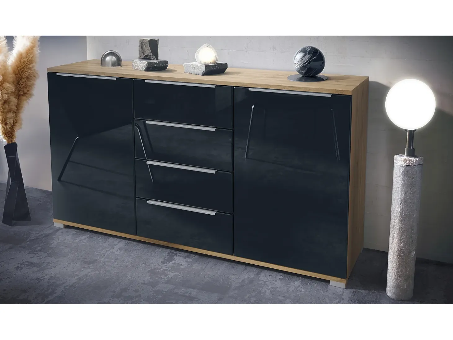 Aparador Linio V1, Mueble con 2 puertas y 4 cajones, Roble Evoke / negro de alto brillo (138,5 x 75,5 x 35 cm)