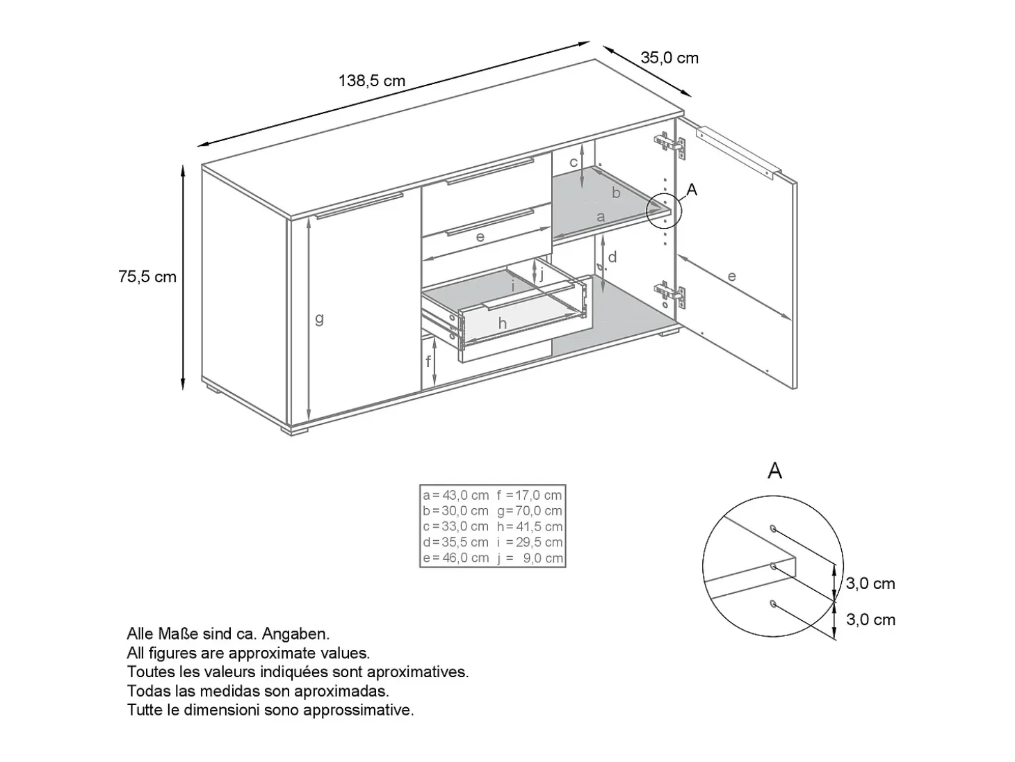 Aparador Linio V1, Mueble con 2 puertas y 4 cajones, antracita mate / crema de alto brillo (138,5 x 75,5 x 35 cm)