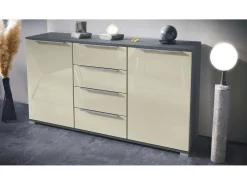 Aparador Linio V1, Mueble con 2 puertas y 4 cajones, antracita mate / crema de alto brillo (138,5 x 75,5 x 35 cm)