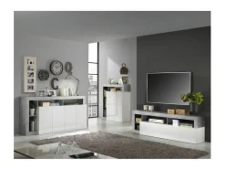 Aparador Maestro efecto cemento y lacado blanco brillo 4 puertas - 184 x 42 x Alto 93 cm