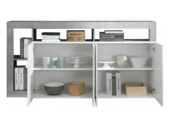 Aparador Maestro efecto cemento y lacado blanco brillo 4 puertas - 184 x 42 x Alto 93 cm