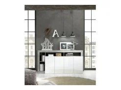Aparador Maestro efecto cemento y lacado blanco brillo 4 puertas - 184 x 42 x Alto 93 cm