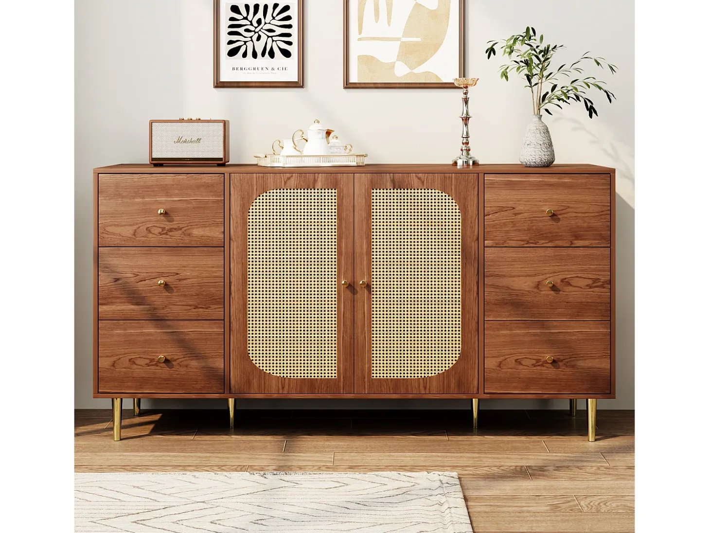 Aparador marrón - Aparador con 6 cajones y 2 puertas - diseño de ratán artesanal