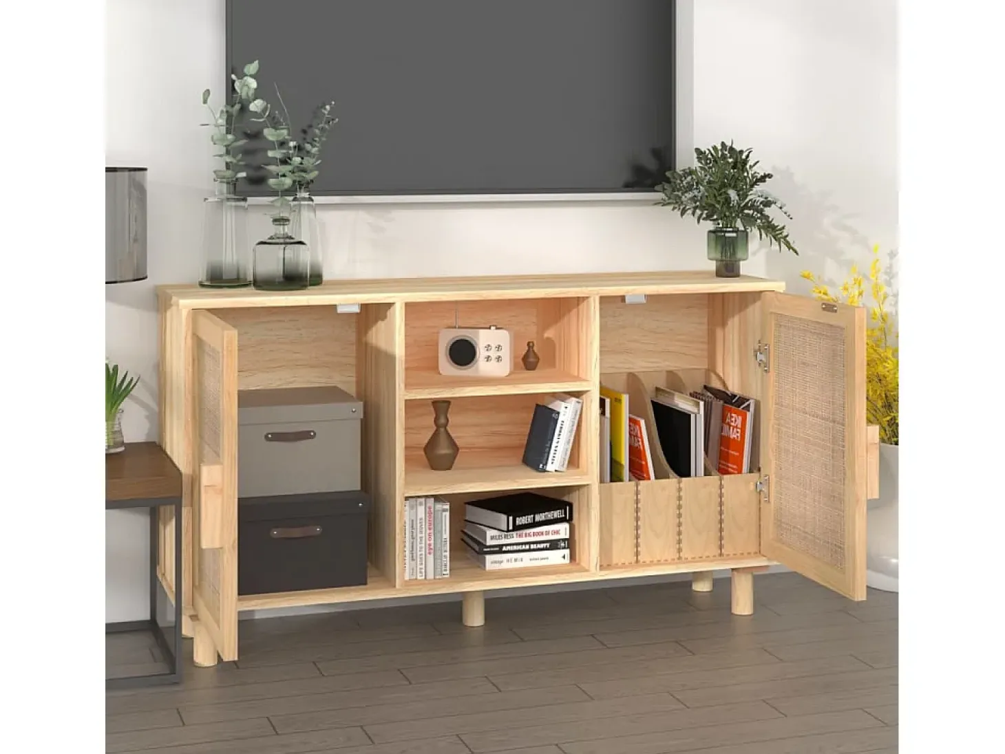 Aparador marrón madera pino maciza y ratán natural 105x30x60 cm