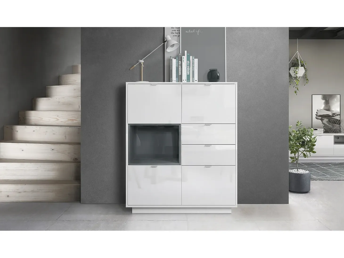 Aparador Metro, Carcasa en blanco alto brillo / Frente en blanco alto brillo con una inserción en gris alto brillo, incl. iluminación LED