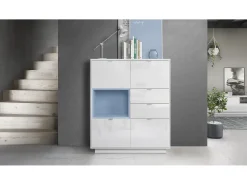 Aparador Metro, Carcasa en blanco alto brillo / Frente en blanco alto brillo con una inserción en denim mate