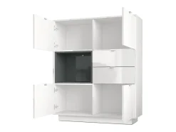 Aparador Metro, Carcasa en blanco alto brillo / Frente en blanco alto brillo con una inserción en denim mate