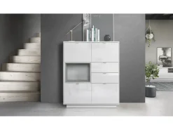 Aparador Metro, Carcasa en blanco alto brillo / Frente en blanco alto brillo con una inserción en gris hormigón óxido, incl. iluminación LED