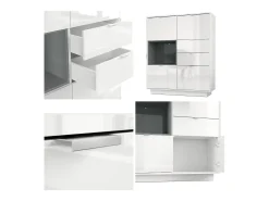Aparador Metro, Carcasa en blanco alto brillo / Frente en blanco alto brillo con una inserción en frambuesa alto brillo, incl. iluminación LED