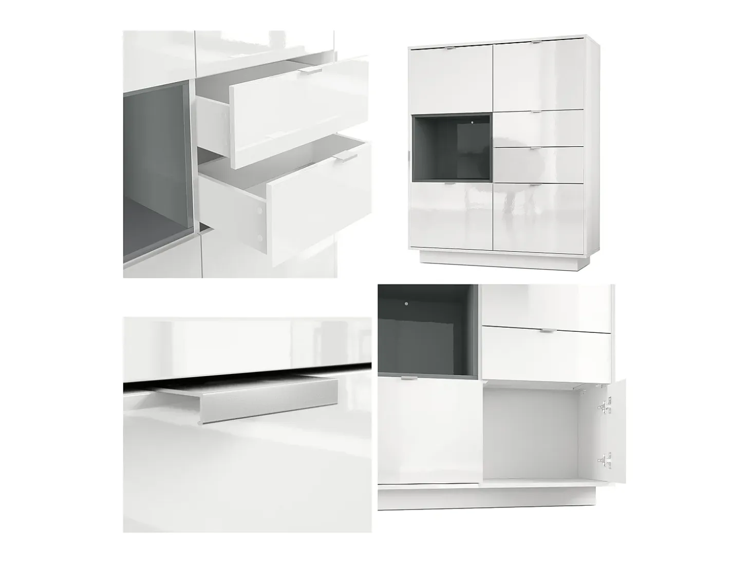 Aparador Metro, Carcasa en blanco alto brillo / Frente en blanco alto brillo con una inserción en frambuesa alto brillo, incl. iluminación LED