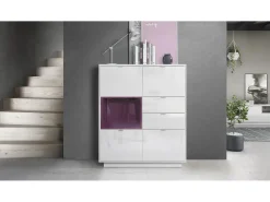 Aparador Metro, Carcasa en blanco alto brillo / Frente en blanco alto brillo con una inserción en frambuesa alto brillo, incl. iluminación LED