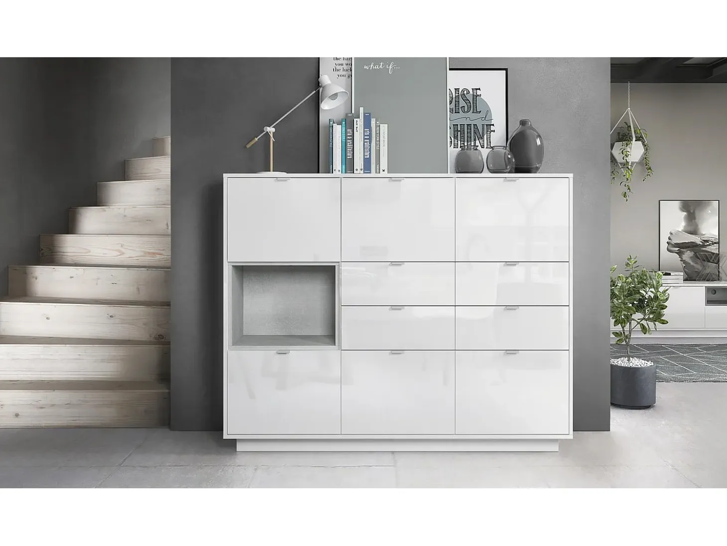 Aparador Metro V2, Carcasa en blanco alto brillo / Frente en blanco alto brillo con una inserción en gris hormigón oxidado, incl. iluminación LED