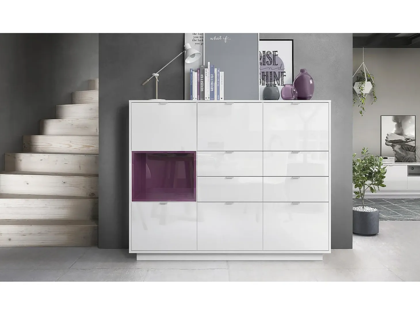 Aparador Metro V2, Carcasa en blanco alto brillo / Frontal en blanco alto brillo con una inserción en frambuesa alto brillo