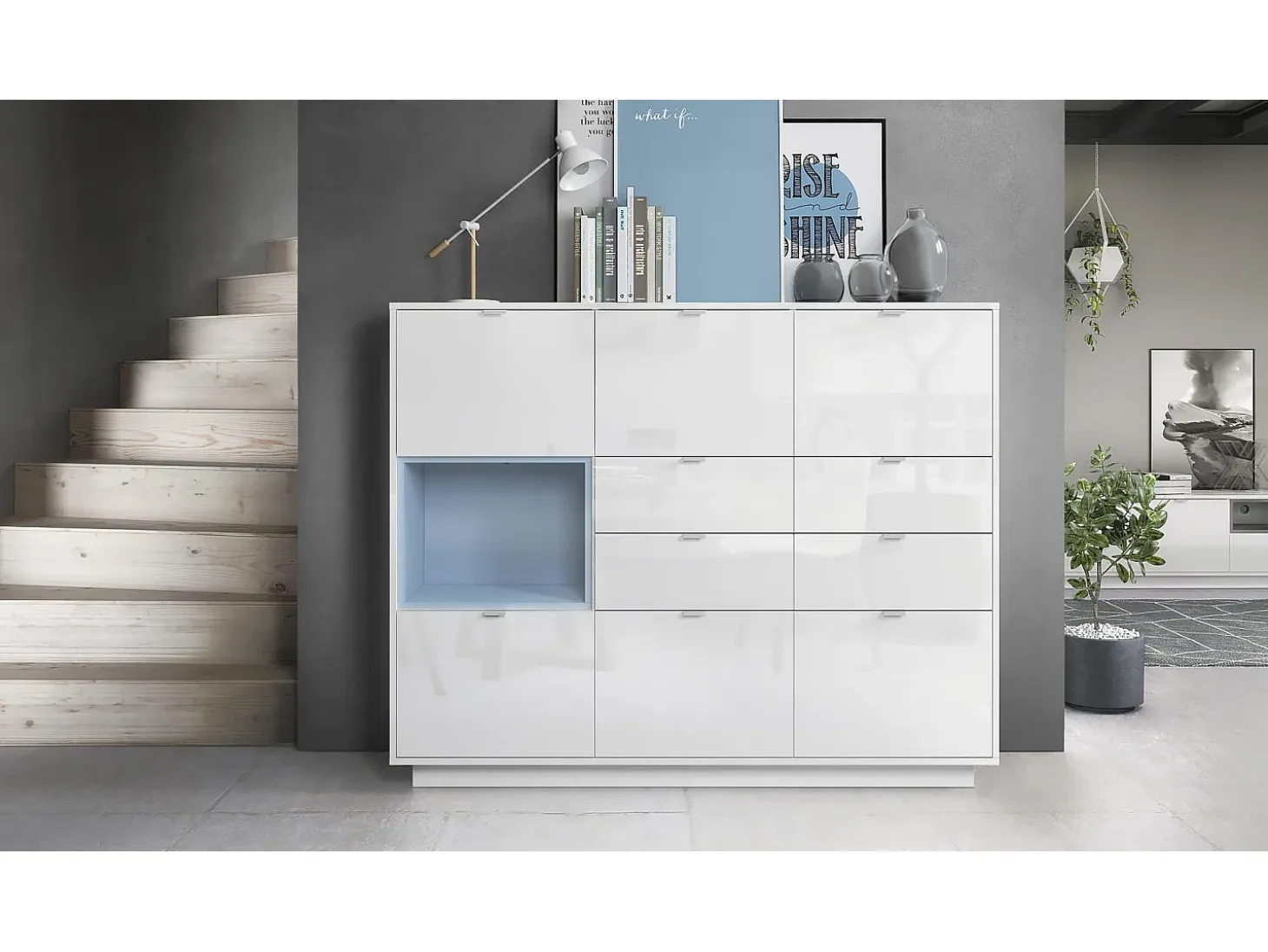 Aparador Metro V2, Carcasa en blanco alto brillo / Frente en blanco alto brillo con una inserción en denim mate, incl. iluminación LED