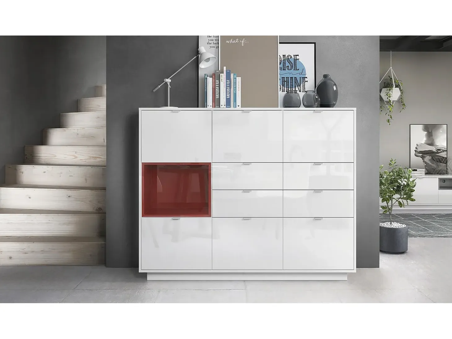 Aparador Metro V2, Carcasa en blanco alto brillo / Frente en blanco alto brillo con una inserción en burdeos alto brillo, incl. iluminación LED