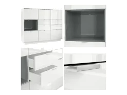 Aparador Metro V2, Carcasa en blanco alto brillo / Frente en blanco alto brillo con una inserción en burdeos alto brillo, incl. iluminación LED