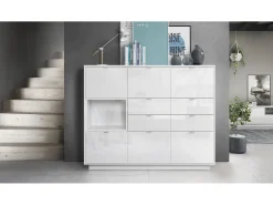Aparador Metro V2, Carcasa en blanco alto brillo / Frente en blanco alto brillo con una inserción en blanco alto brillo, incl. iluminación LED