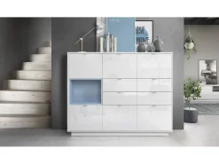 Aparador Metro V2, Carcasa en blanco alto brillo / Frente en blanco alto brillo con una inserción en denim mate