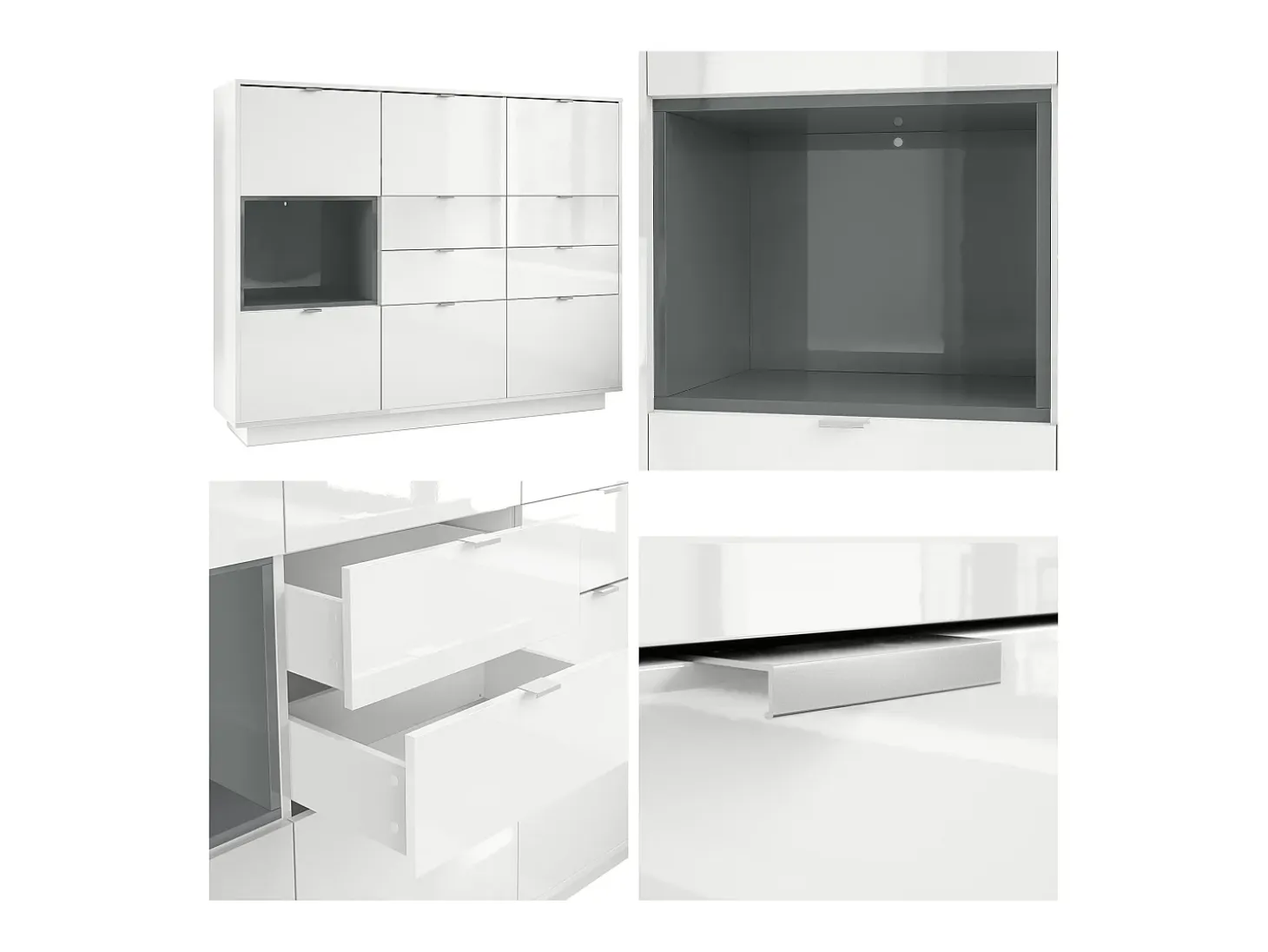 Aparador Metro V2, Carcasa en blanco alto brillo / Frente en blanco alto brillo con un inserto en burdeos alto brillo