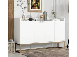 Aparador minimalista moderno con 4 puertas y estructura de metal para comedor, salón, cocina, Blanco, 120×30×80cm