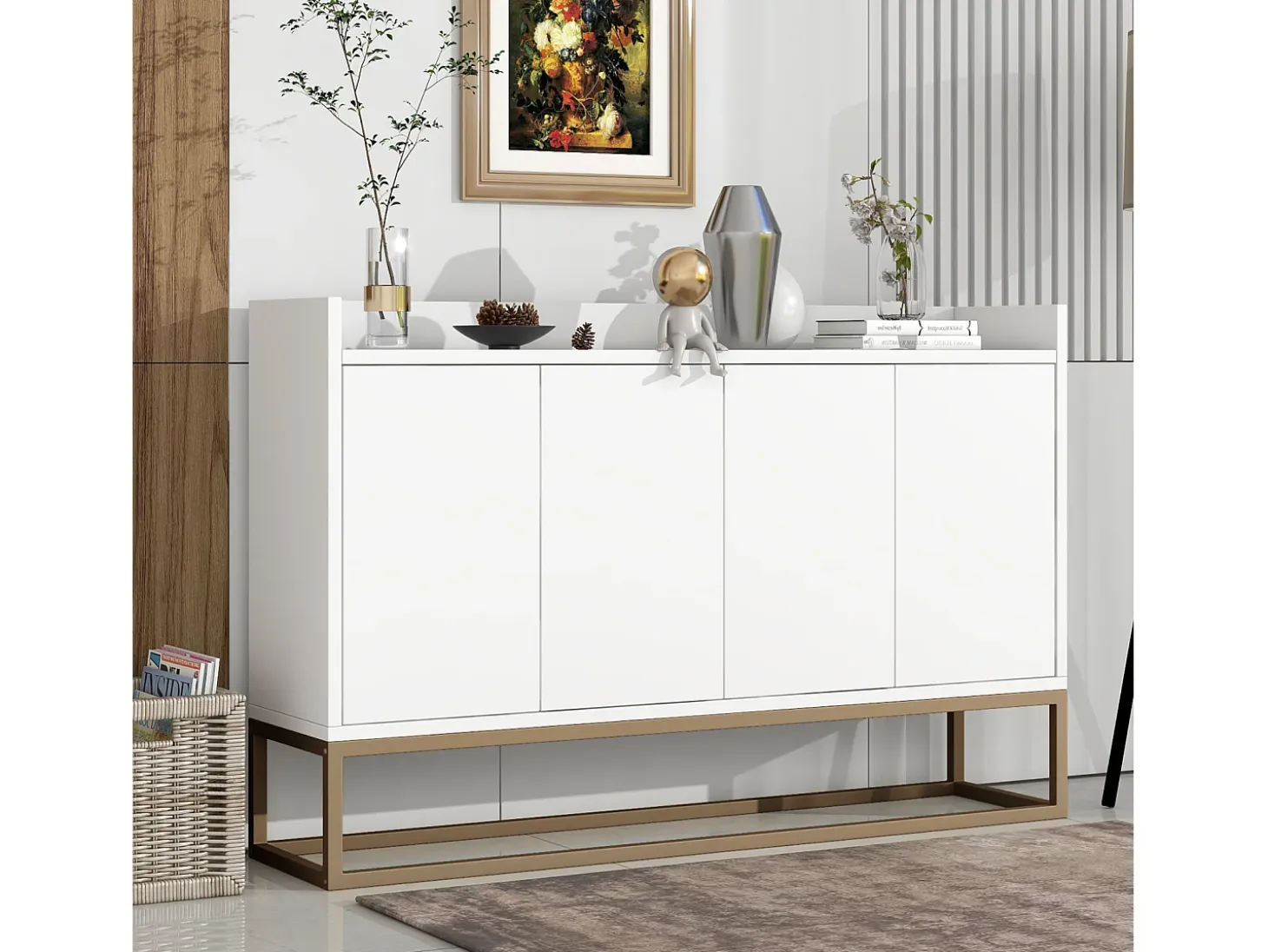 Aparador minimalista moderno con 4 puertas y estructura de metal para comedor, salón, cocina, Blanco, 120×30×80cm