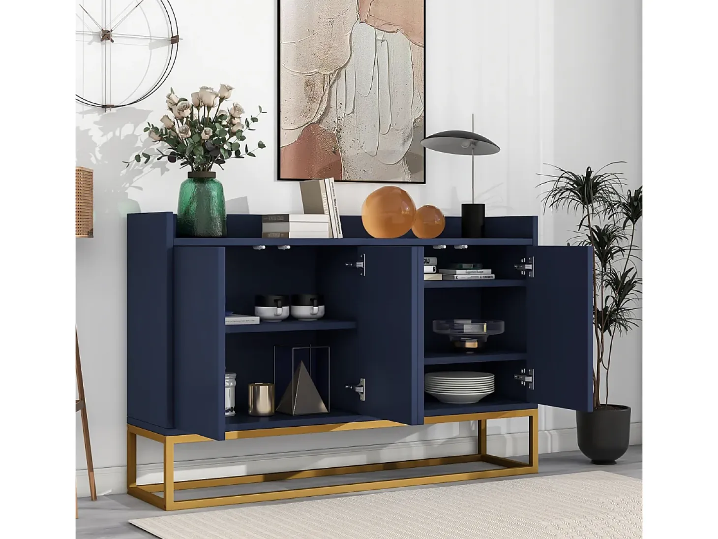 Aparador minimalista moderno de 4 puertas sin tiradores (azul marino)