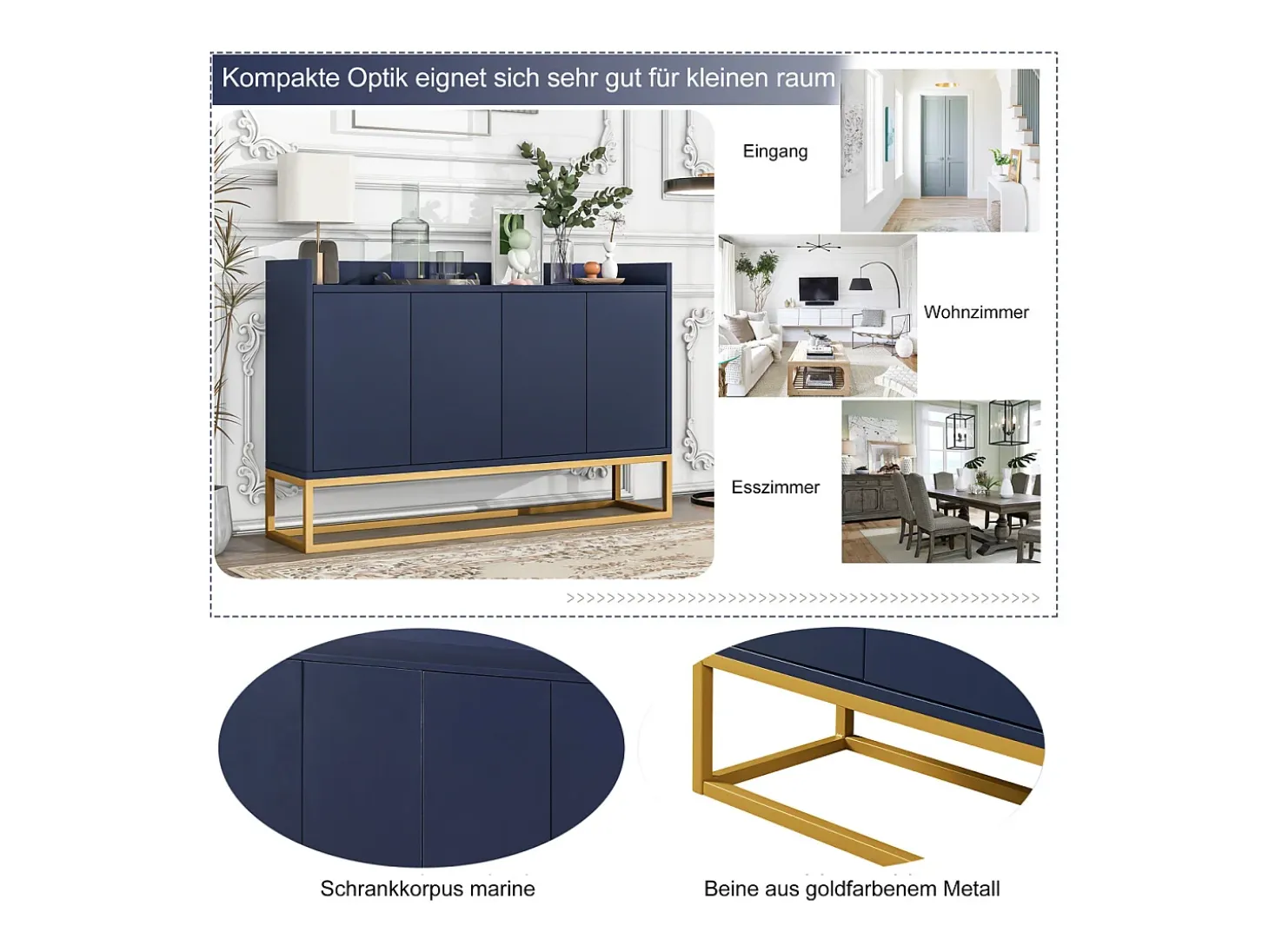 Aparador minimalista moderno de 4 puertas sin tiradores (azul marino)