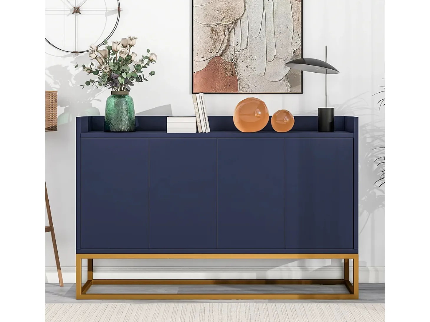 Aparador minimalista moderno de 4 puertas sin tiradores (azul marino)