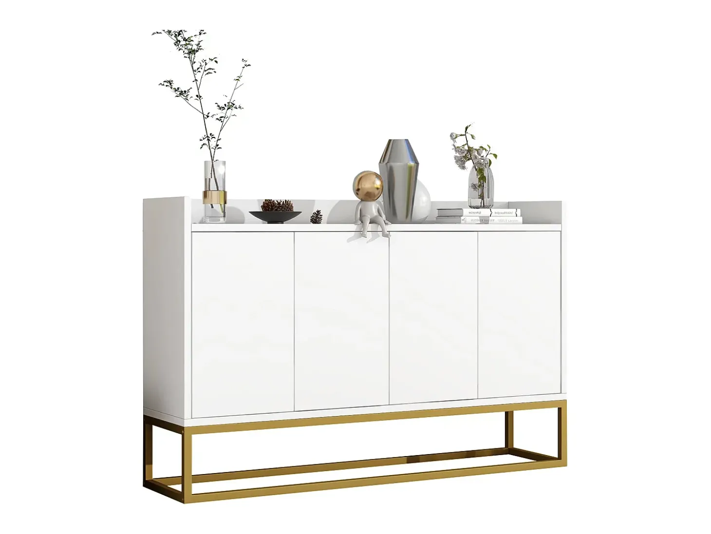Aparador minimalista moderno, 4 puertas sin tiradores, para salón, cocina, MDF, blanco (120x30x80 cm)
