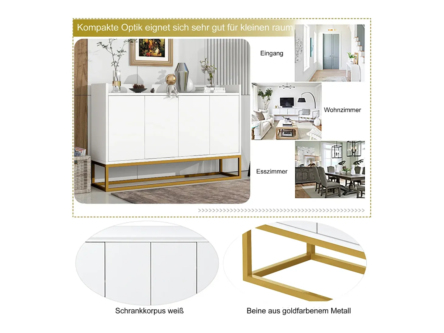 Aparador minimalista moderno, 4 puertas sin tiradores, para salón, cocina, MDF, blanco (120x30x80 cm)