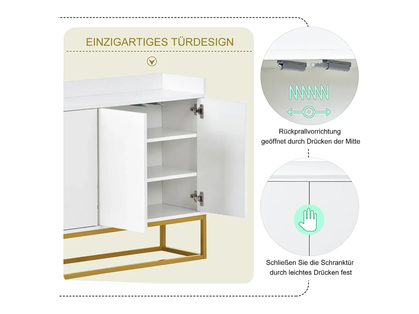 Aparador minimalista moderno, 4 puertas sin tiradores, para salón, cocina, MDF, blanco (120x30x80 cm)