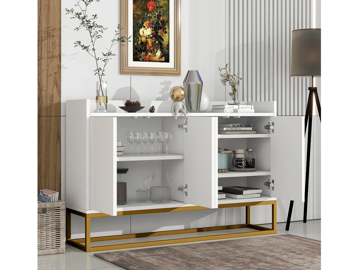 Aparador minimalista moderno, 4 puertas sin tiradores, para salón, cocina, MDF, blanco (120x30x80 cm)