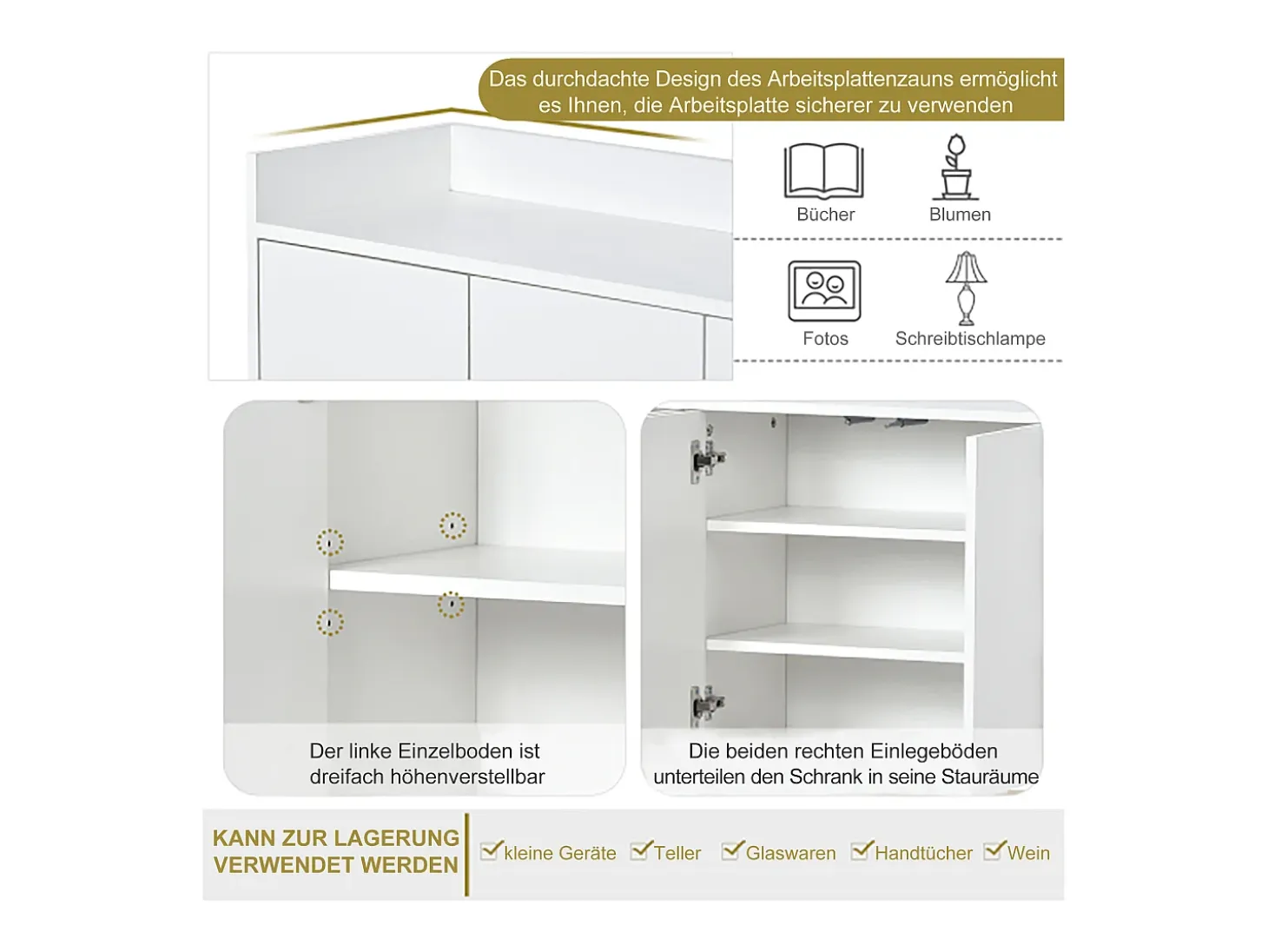 Aparador minimalista moderno, 4 puertas sin tiradores, para salón, cocina, MDF, blanco (120x30x80 cm)
