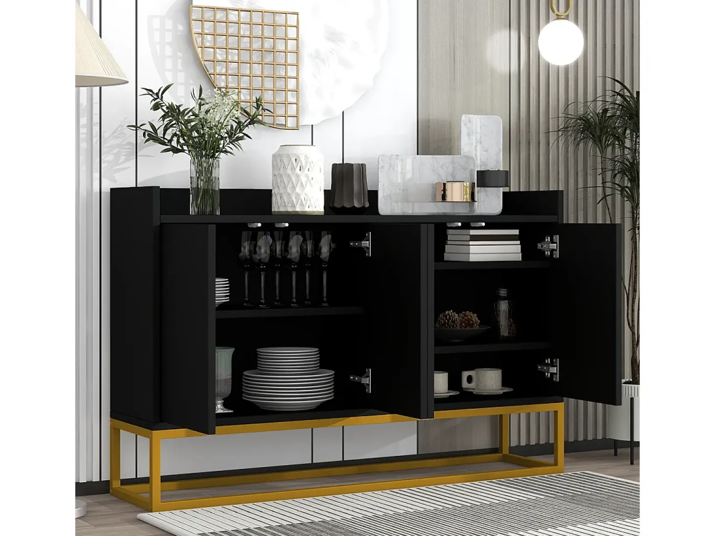 Aparador minimalista moderno de 4 puertas sin tiradores (negro)