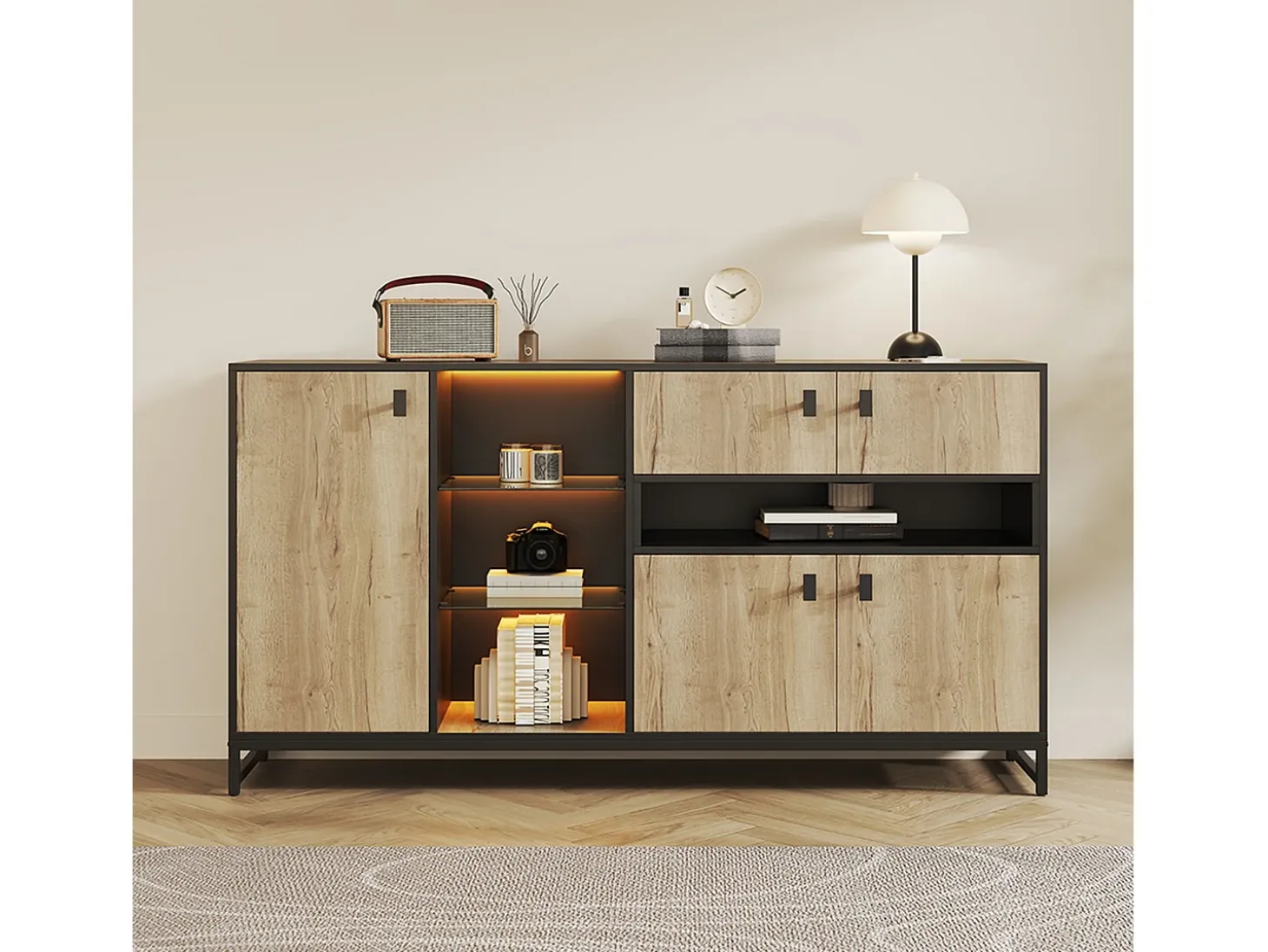 Aparador minimalista moderno - 160 x 40 x 84,5 cm - con 3 puertas + LED + 2 cajones + estantes de cristal - madera - natural