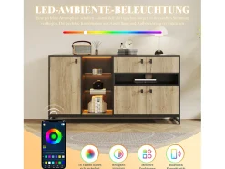 Aparador minimalista moderno - 160 x 40 x 84,5 cm - con 3 puertas + LED + 2 cajones + estantes de cristal - madera - natural