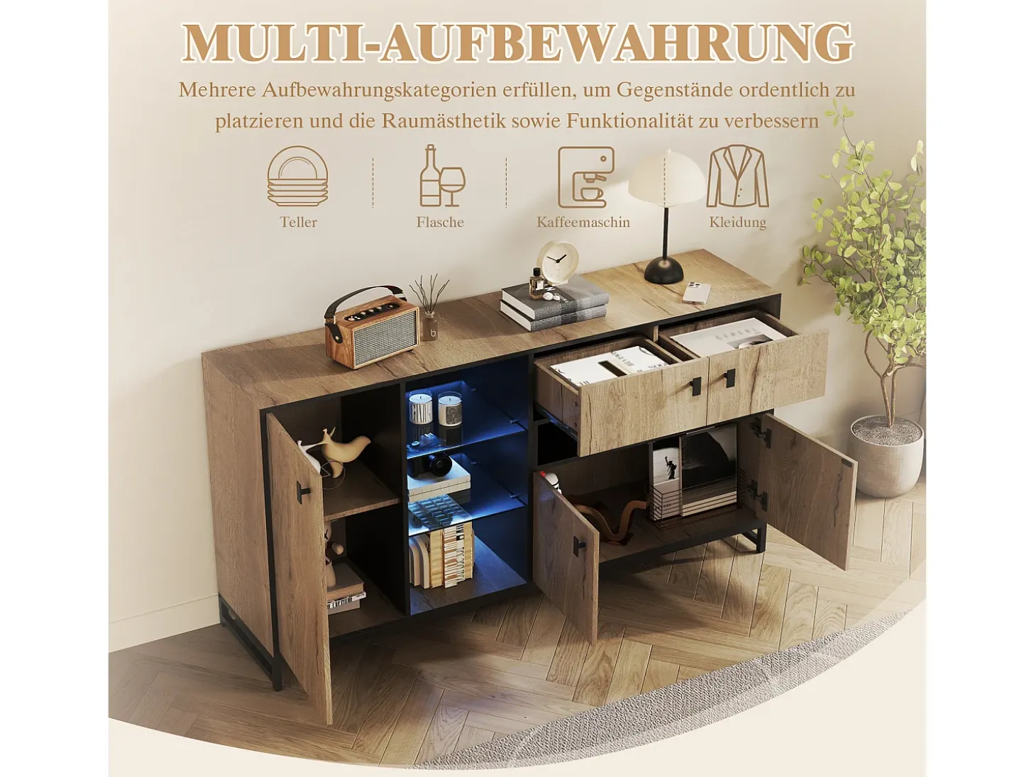Aparador minimalista moderno - 160 x 40 x 84,5 cm - con 3 puertas + LED + 2 cajones + estantes de cristal - madera - natural