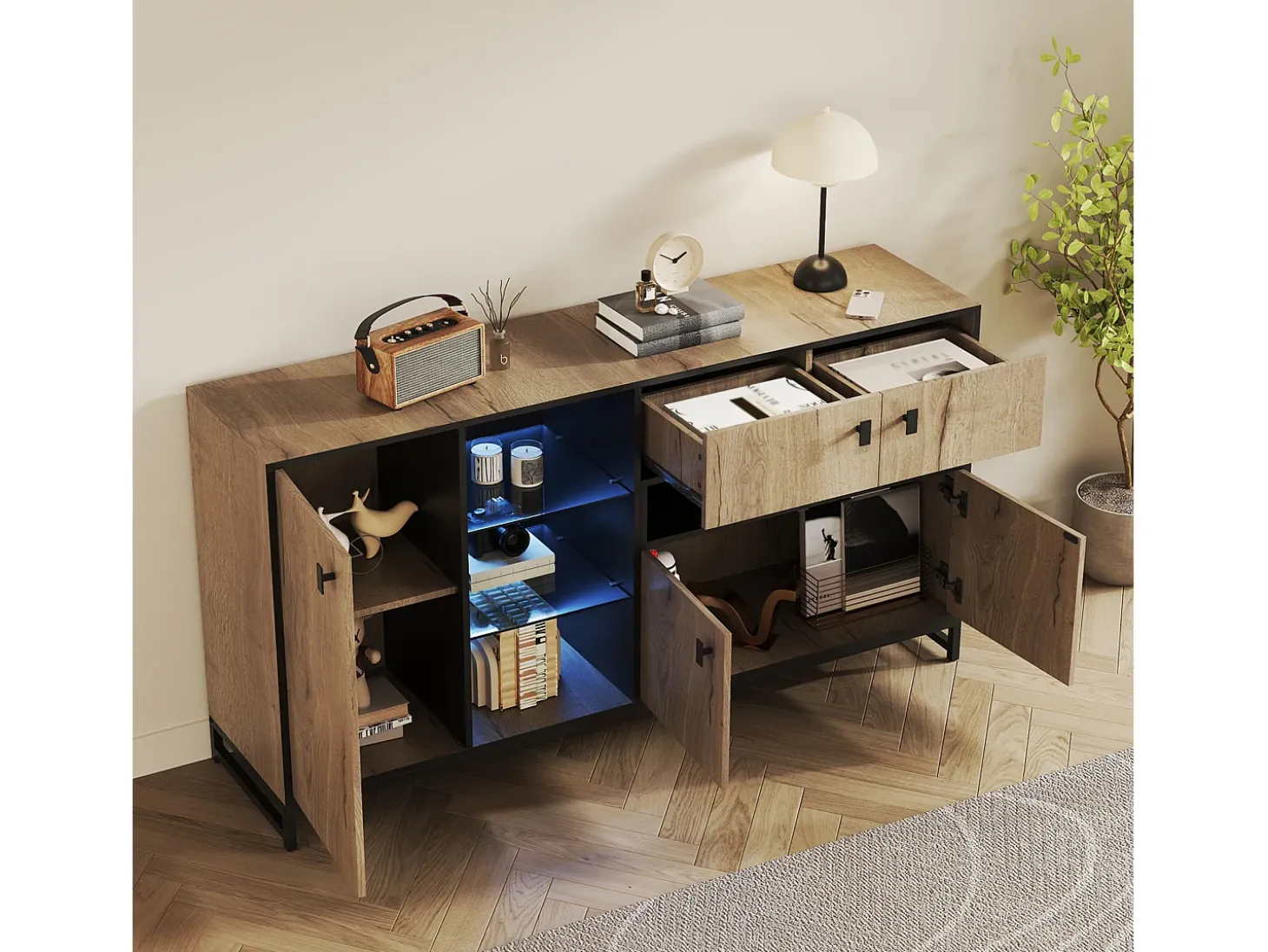 Aparador minimalista moderno - 160 x 40 x 84,5 cm - con 3 puertas + LED + 2 cajones + estantes de cristal - madera - natural