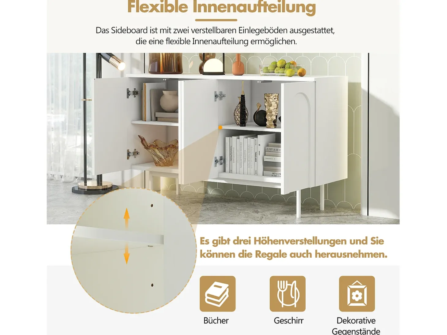 Aparador minimalista moderno con 4 puertas curvas, MDF, blanco (145x80x40 cm)